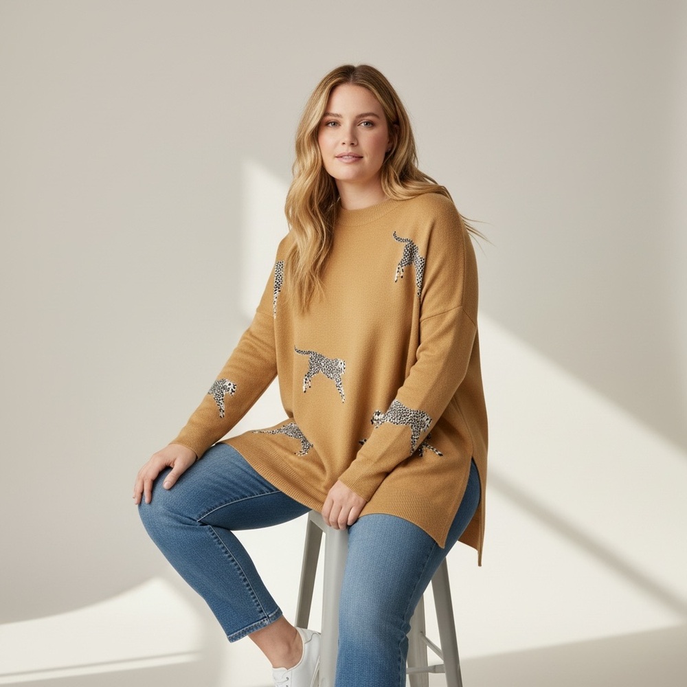 ENTRO Camel Brown/Tan Cheetah Print Mock Neck Relaxed Knit Sweater/Size: XL - Picture 4 of 10